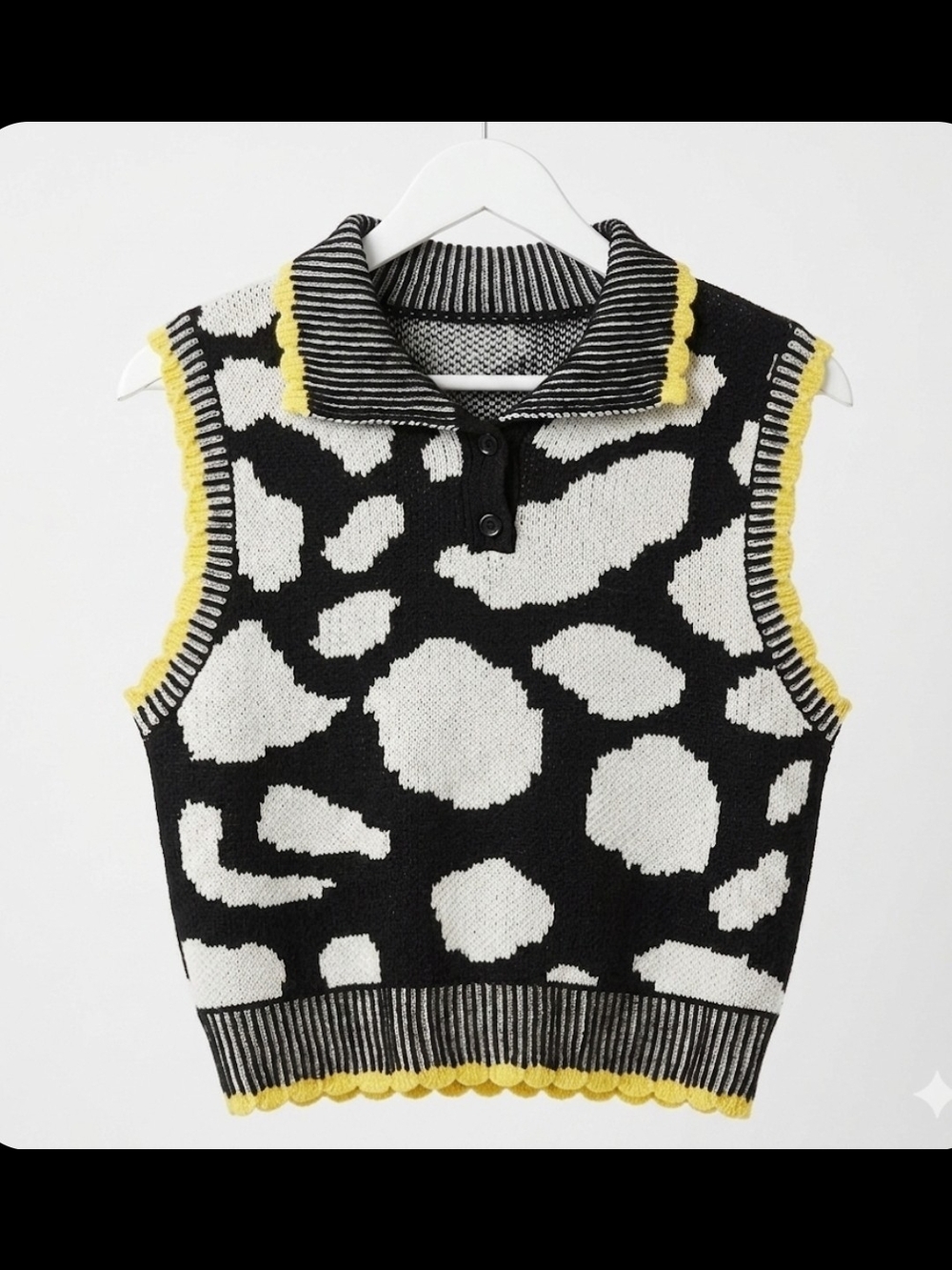 Sleeveless Black and White Leopard Knit Polo Vest with Yellow Trimp2p18  Lomg 20
